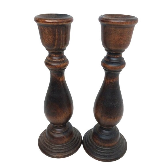 Handcrafted Wooden Rustic Candlesticks 7-Inch Tall Green Felt Base Set of 2 - Picture 1 of 6